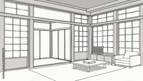 Illustration of a minimalist living room interior with large windows and sliding doors and a chair