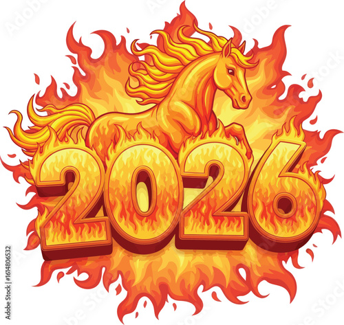 Artistic depiction of 2026 with a blazing horse symbolizing passion and determination. Vibrant red and orange flames encapsulate the theme of energy, vitality, vector and power.