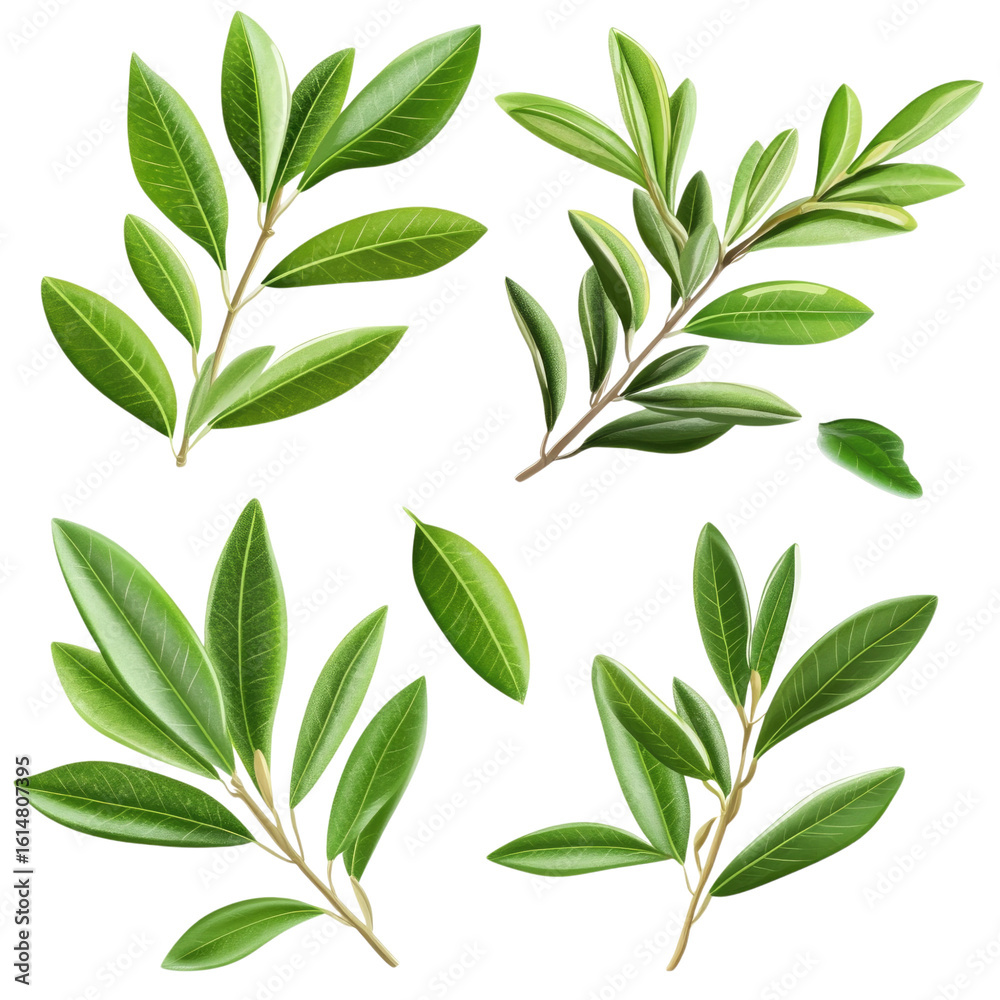 Fototapeta premium Set Olive Leaf on isolated transparent cutout PNG Background