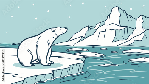 Illustration of polar bear on ice floe in arctic landscape with mountains and falling snow scene art