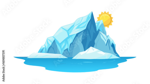 Iceberg melting in the ocean with sun illustration for climate change and global warming awareness concept