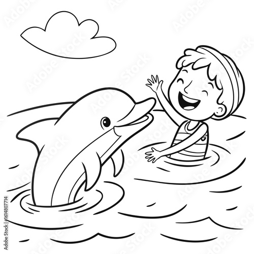 Autistic Child Floating in Water with Therapy Dolphin – Bold Line Art Vector for Kids' Coloring Book and Emotional Support Themes