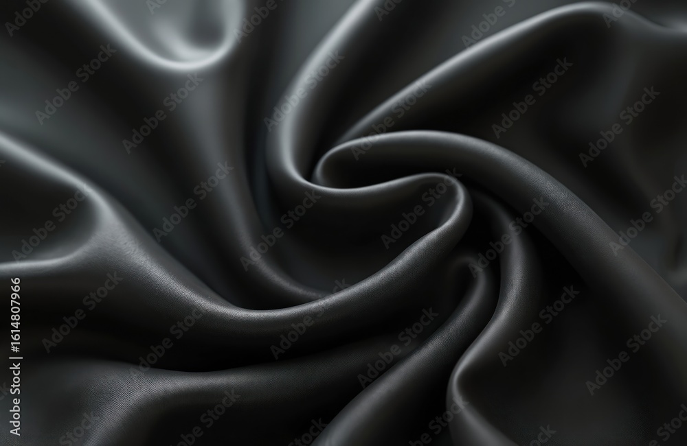 Fototapeta premium Dark fabric soft curves, texture. Smooth, glossy, shiny material with elegant drape, folds. Luxurious satin silk with rich, sophisticated sheen. Abstract background with subtle light, shadow play.