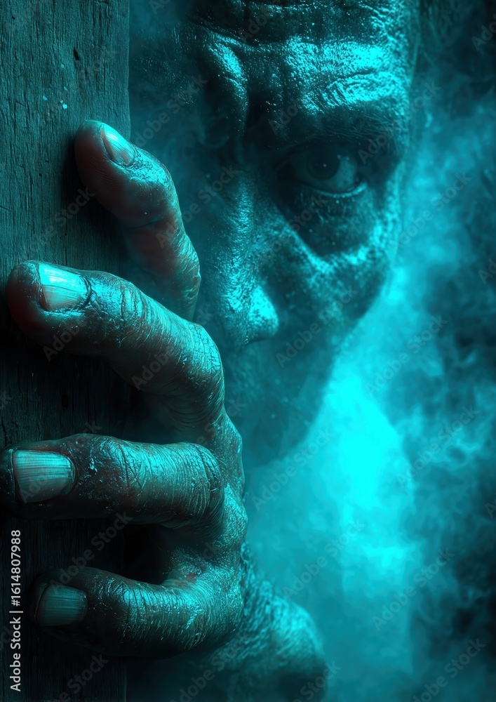 Fototapeta premium Haunting blue shadow behind wooden door, eerie hand reaching through mist, dramatic cinematic horror scene with mysterious figure and intense atmosphere 