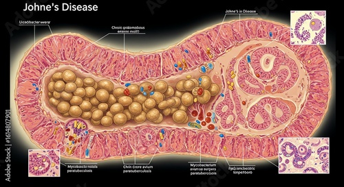 Detailed Medical Illustration of Johne's Disease in Intestine with Bacterial Infection