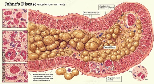 Microscopic Cross Section of Johne's Disease Bacterial Infection in Intestine with Bacteria Clusters and Tissue Damage