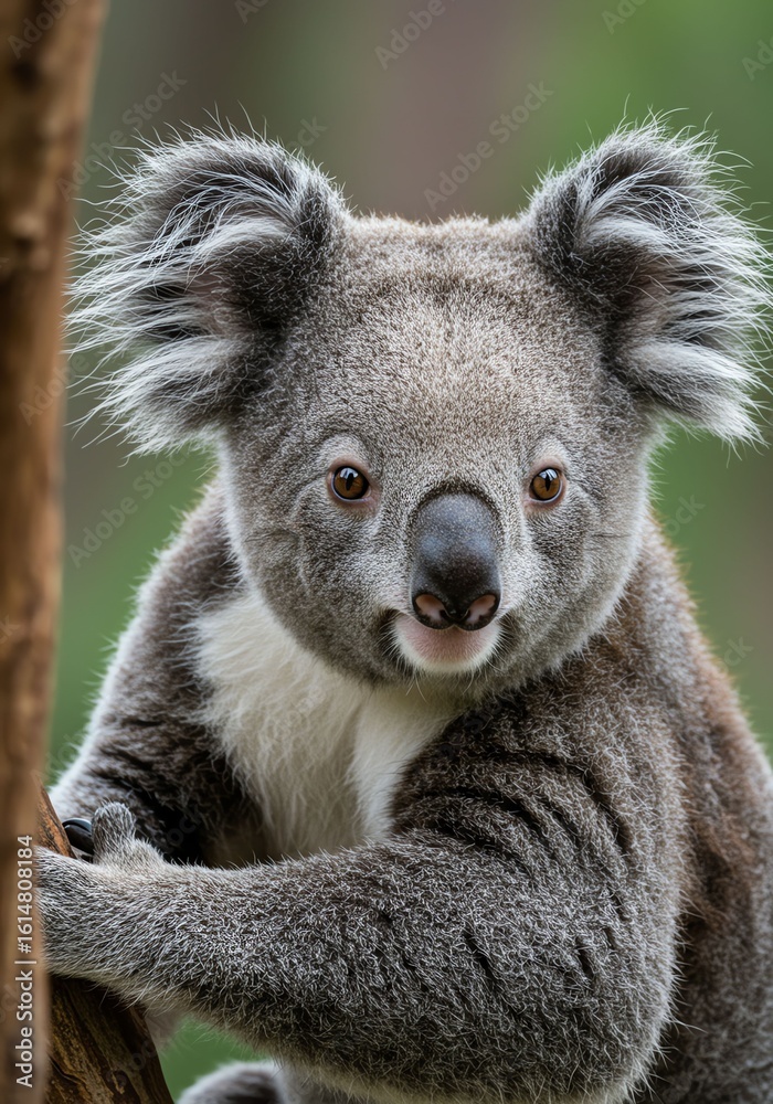 Naklejka premium Young Gray Koala Bear Clinging to Tree Branch in Natural Forest Setting