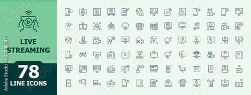 Live Streaming icon set in linear style. Minimal icons set. Editable vector art. Podcast icon set. Featuring live, media, streaming, play, broadcast and more.