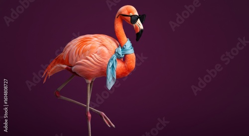 Quirky flamingo wearing sunglasses and a silk scarf, perfect for adding a touch of playful elegance