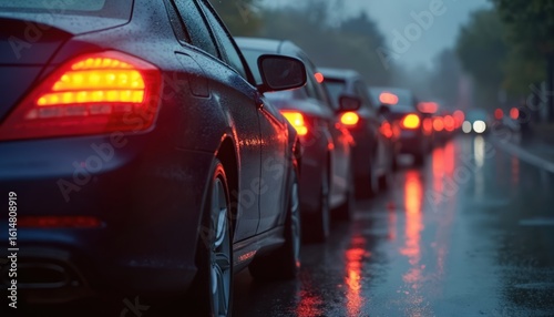 Cars queue on wet city street during evening rush hour. Red brake lights glow intensely reflecting on wet asphalt. Urban congestion causes traffic delay. Drivers experience frustrating journey home.
