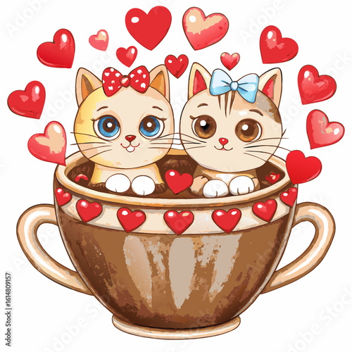 Mascot logo Hand draw cartoon cute for Valentine day with Couple cats and many hearts in cup coffee