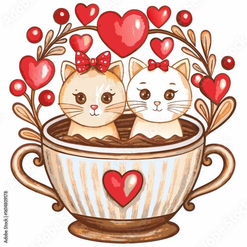 Mascot logo Hand draw cartoon cute for Valentine day with Couple cats and many hearts in cup coffee