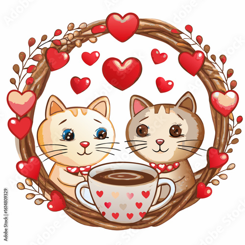 Mascot logo Hand draw cartoon cute for Valentine day with Couple cats and many hearts in cup coffee