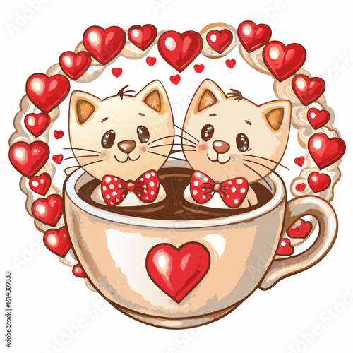 Mascot logo Hand draw cartoon cute for Valentine day with Couple cats and many hearts in cup coffee