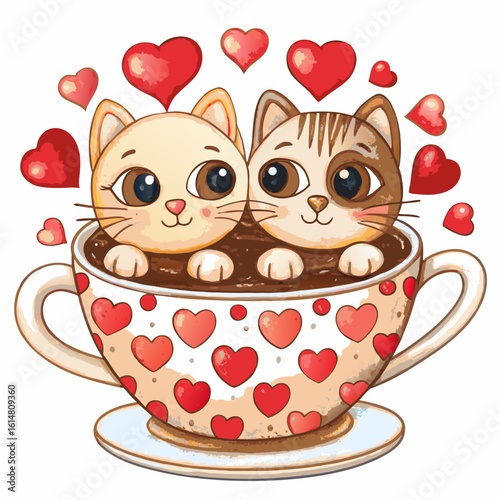 Mascot logo Hand draw cartoon cute for Valentine day with Couple cats and many hearts in cup coffee