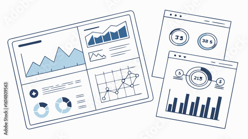 Illustration of a tablet and two computer screens displaying various financial data and statistics reports