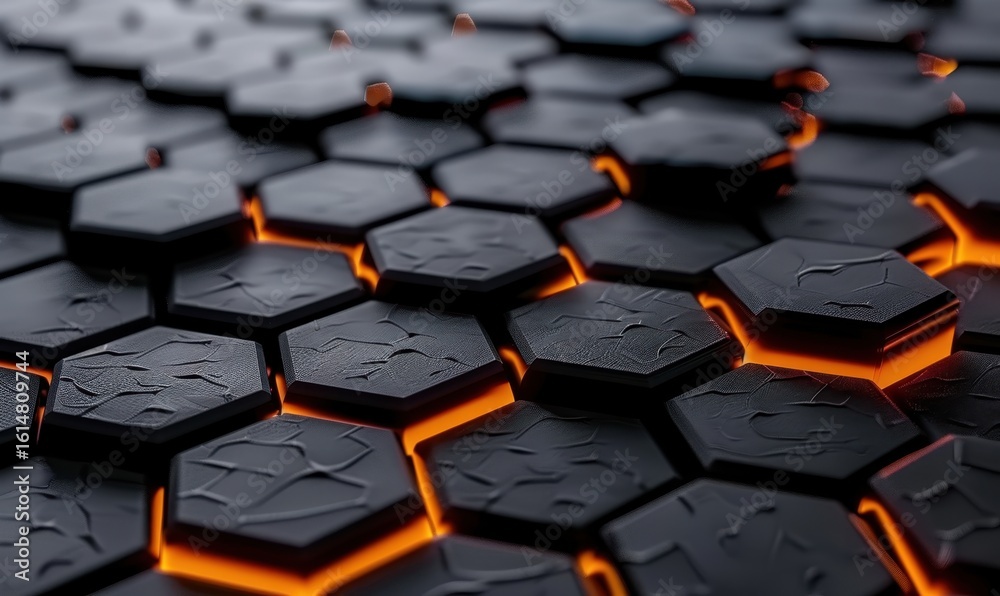 Obraz premium Textured dark hexagonal pattern with orange glow futuristic technological design