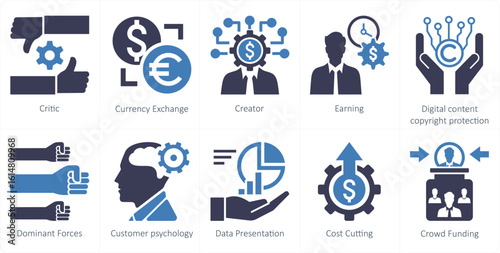 A set of 10 mix icons as critic, currency exchange, creator