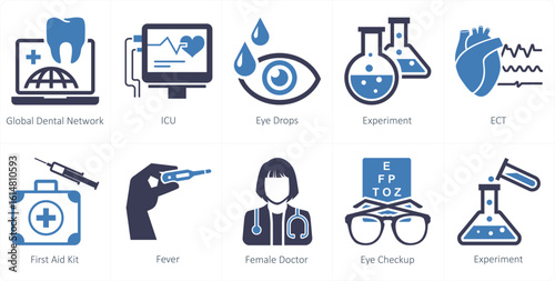 A set of 10 mix icons as global dental network, icu, eye drops