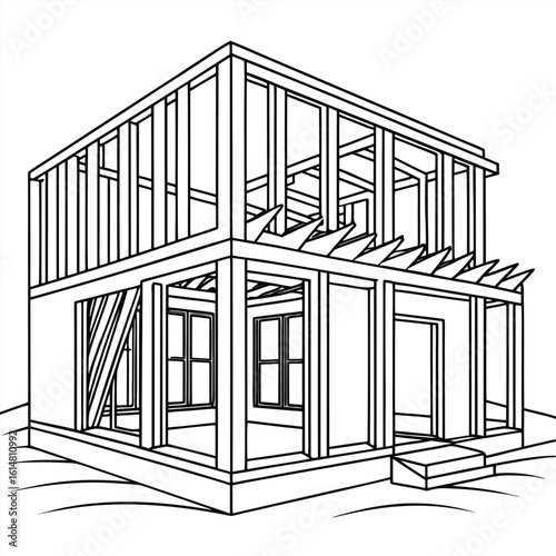 Illustration of a two story house under construction with exposed framing and windows in black and white