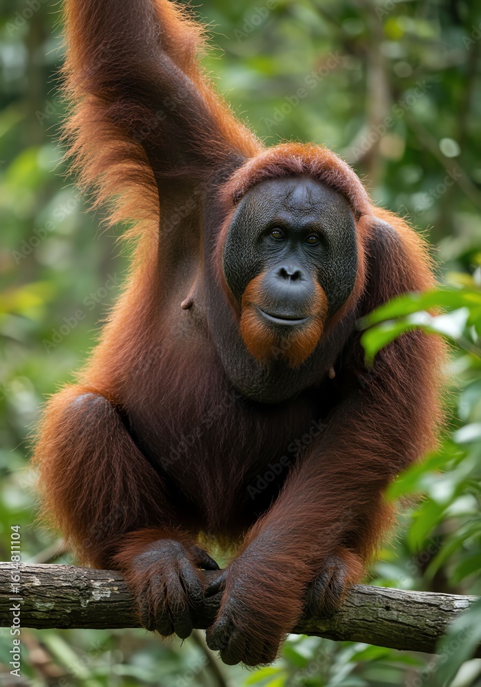Fototapeta premium Young Orangutan Sitting on Tree Branch in Dense Green Jungle