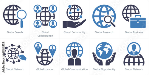 A set of 10 mix icons as global search, global collaboration, global community