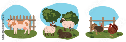 Flat illustration of farm animals in separate grassy scenes with blue sky backgrounds. Includes a cow, sheep with a ram, and two turkeys. Simple cartoon style, ideal for educational and childrens