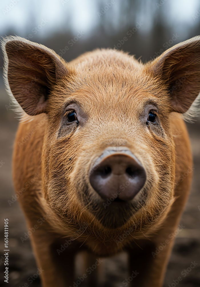 Fototapeta premium Cute Brown Piglet Standing in Outdoor Field with Blurred Background