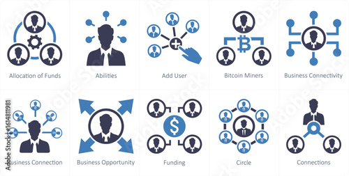 A set of 10 mix icons as allocation of funds, abilities, add user