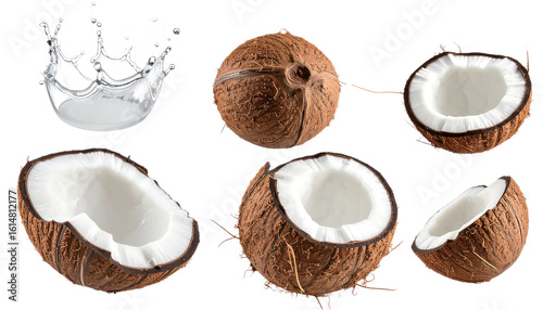 Fresh coconuts split open with water splash create vibrant tropical beverage advertising opportunities