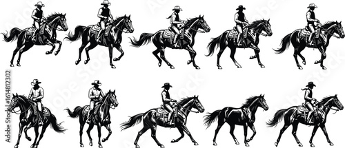 Cowboy and Cowgirl Silhouettes Riding Horses: Western Riders in Action, Ideal for Rodeo, Ranch, and American Frontier Themes
