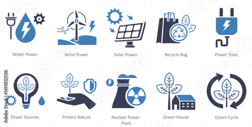 A set of 10 mix icons as water power, wind power, solar power