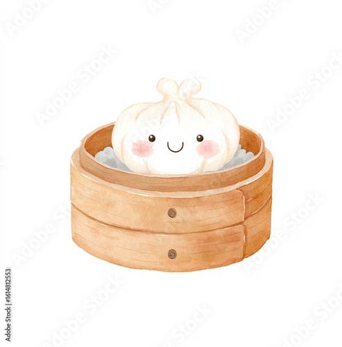 Cute Cartoon Baozi in Bamboo Steamer