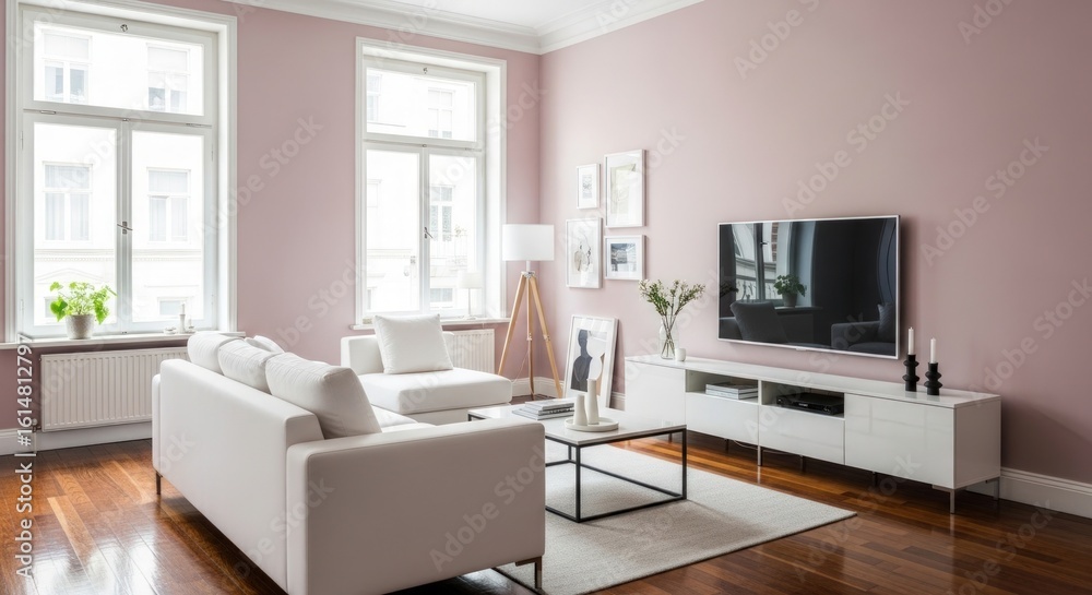 Fototapeta premium Bright Modern Living Room Featuring White Sofa, Television, and Wooden Floor in a Stylish Interior with Natural Light and Minimalist Decor