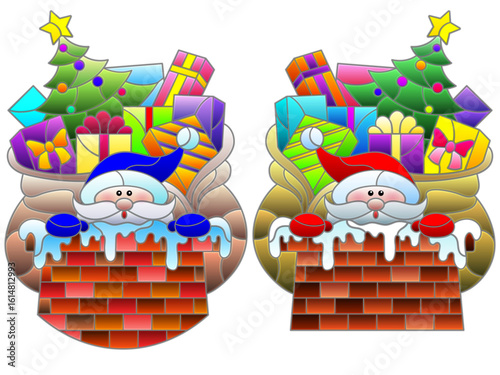 Set of illustrations with Santa Claus and gifts on the roof, isolated on a white background