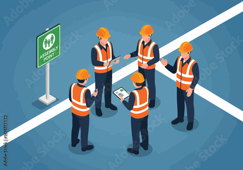 Construction workers gather at an assembly point sign for a safety briefing vector