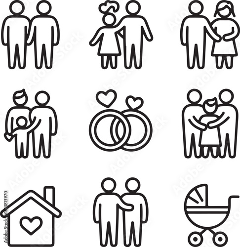 Modern Family and Love Line Icons Pack   LGBTQ Couples, Parenthood, Wedding Rings, Heart, Home, and Shared Moments Vector Set