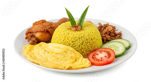 Nasi kuning Indonesian turmeric yellow rice with fried chicken and omelette