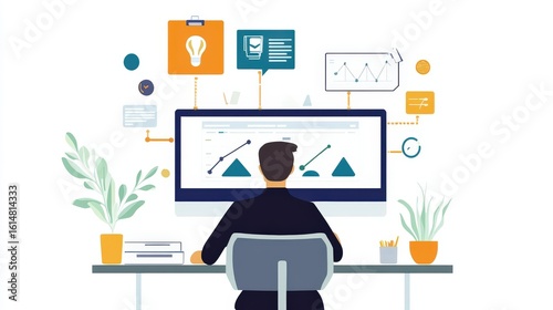 A person working on a computer, surrounded by various graphic elements.