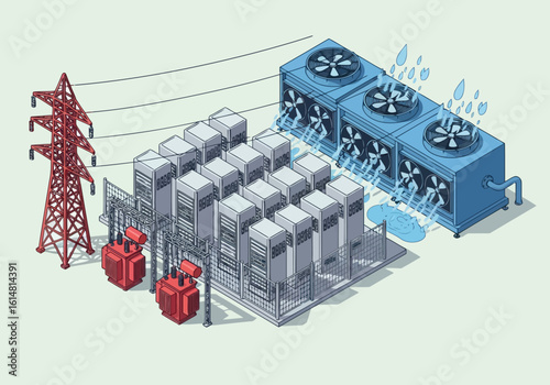 Data center with servers, cooling system, and power transmission tower computer racks