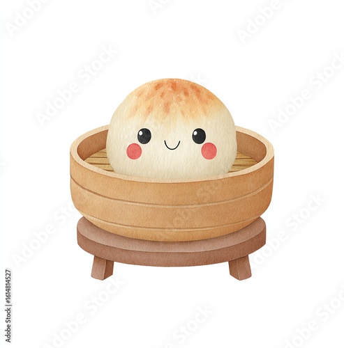 Cute Cartoon Bao Bun in Wooden Steamer