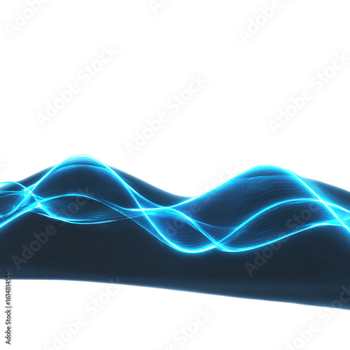 Glowing electric blue wave lines moving fluidly, isolated on transparent background