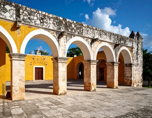 Colorful arched colonnade in a sunny courtyard