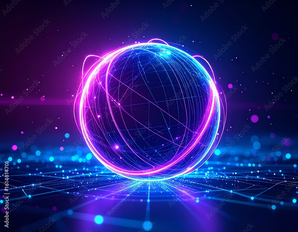 Obraz premium Glowing tech sphere with neon purple and pink energy lines, floating in dark futuristic space, surrounded by digital particles, cyberpunk vibes, ultra realistic, 8K