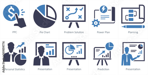 A set of 10 mix icons as ppc, pie chart, problem solution