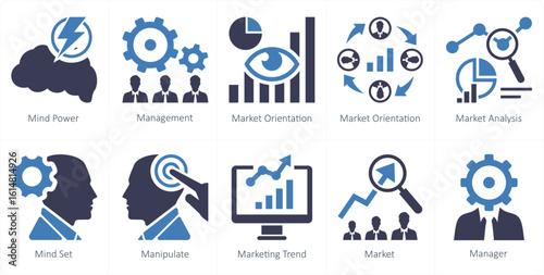A set of 10 mix icons as mind power, management, market orientation