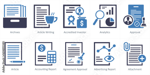 A set of 10 mix icons as archives, article writing, accredited investor