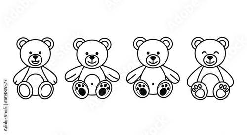 Four Outline Teddy Bears in a Row with Different Expressions stuffed animal