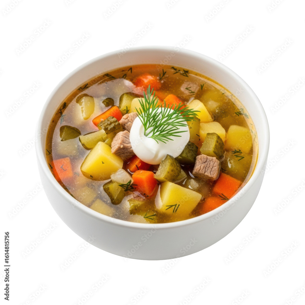 Rassolnik (Russian Pickle Soup), pickles, potato, carrot, meat, sour cream, dill, white ceramic bowl, on transparent background, commercial food photography Rassolnik (Russian Pickle Soup), pickles, potato, carrot, meat, sour cream, dill, white ceramic bowl, on transparent background, commercial food photography