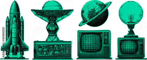 Set of spaceship, satellite, planet, television, and lightbulb in vintage science style. Green vector illustration of retro technology and innovation.